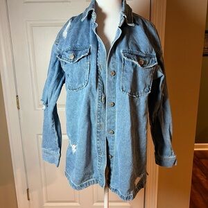 Forever 21 Women's Size Small Blue Denim Distressed Jacket Trucker Fall Chic